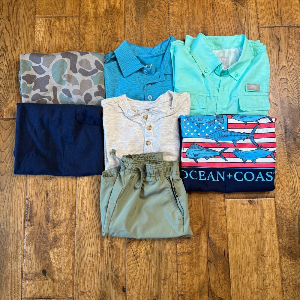 Lot of 7 Boys Summer Clothing Sz 7 Fishing Shirts, Camo, Ocean & Coast, Outfit